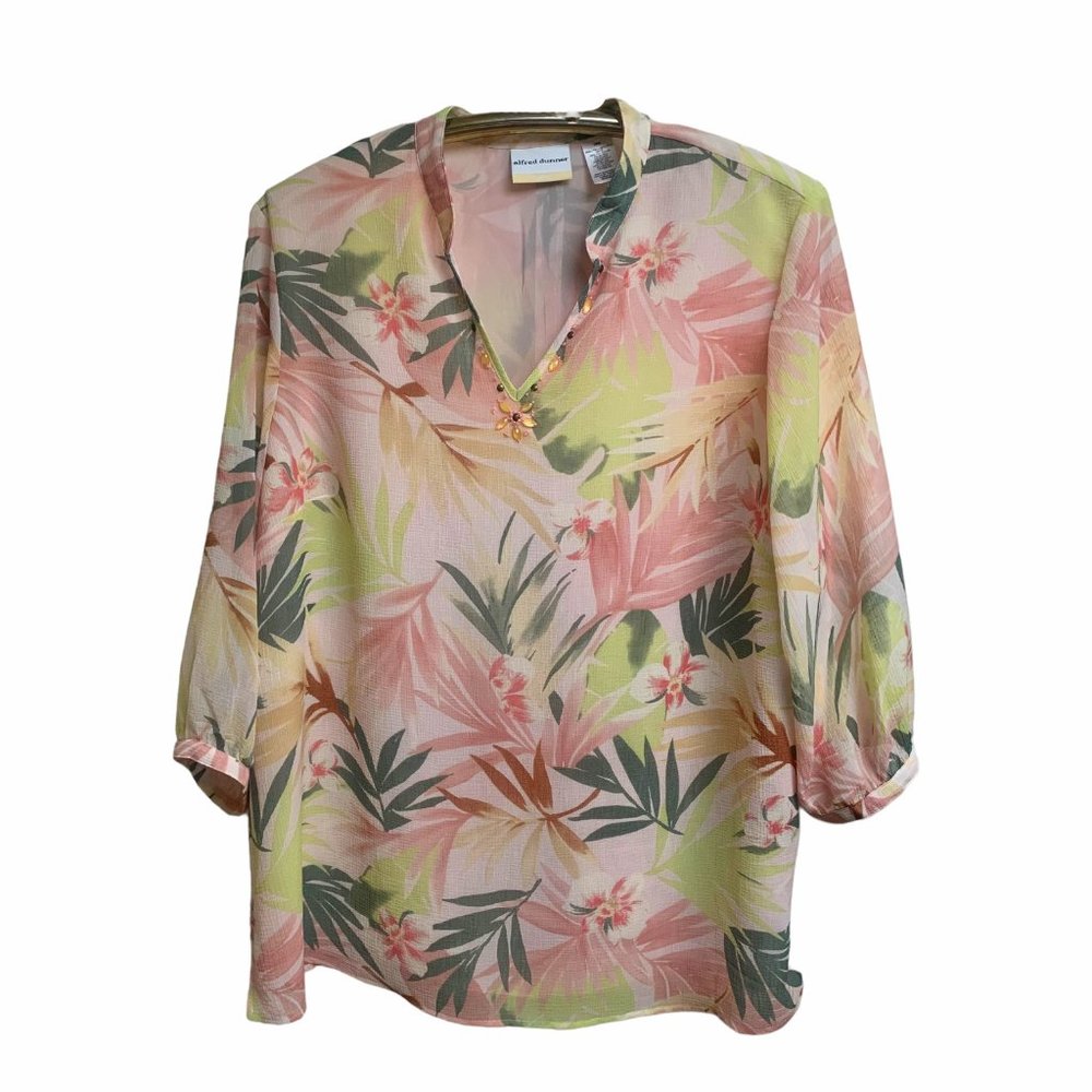 ALFRED DUNNER Vintage Summer Floral‎ V Neck Floral Sheer Top